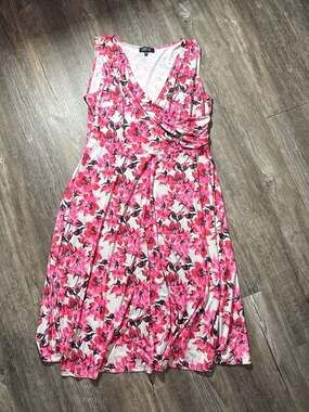 LBISSE Plus Size 1X Floral Faux-Wrap Sleeveless Midi Dress in Pink White